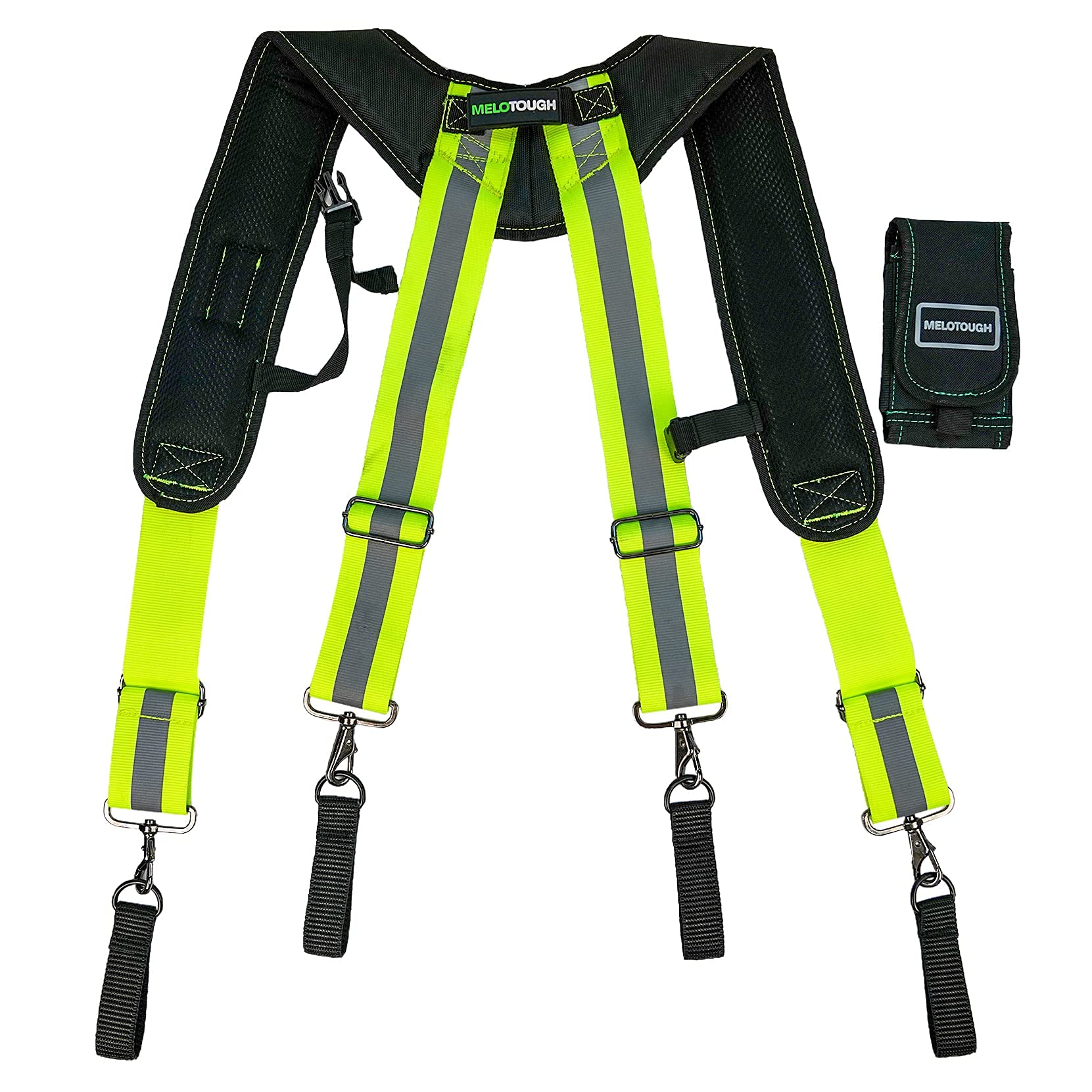 MELOTOUGH Reflective Safety Suspenders Tool Belt Suspenders Construction Work Suspenders with detachable phone holder comfortable foam shoulder padder (Lime)