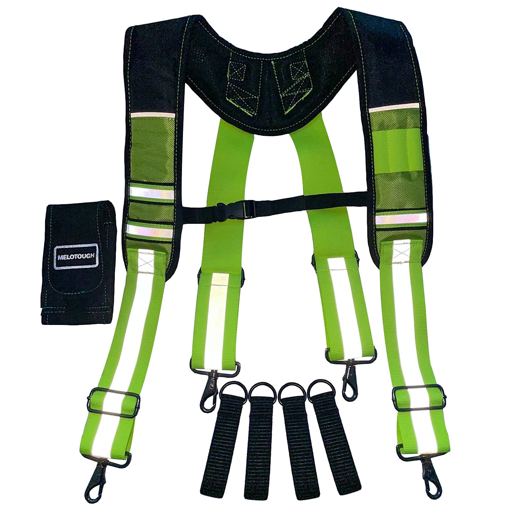 MELOTOUGH Reflective Safety Suspenders Tool Belt Suspenders Construction Work Suspenders with detachable phone holder comfortable foam shoulder padder (Lime)