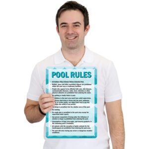 SmartSign 14 x 10 inch “Pool Rules - Shower Before Entering, Glass Prohibited, No Spitting…” Metal Sign, Screen Printed, 40 mil Laminated Rustproof Aluminum, Blue, Black and White, Made in USA