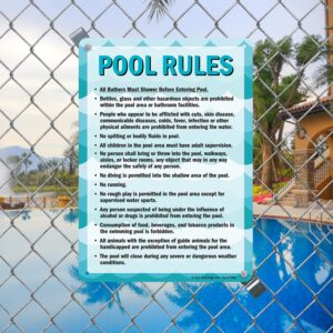 SmartSign 14 x 10 inch “Pool Rules - Shower Before Entering, Glass Prohibited, No Spitting…” Metal Sign, Screen Printed, 40 mil Laminated Rustproof Aluminum, Blue, Black and White, Made in USA