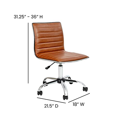 Flash Furniture Alan Office Task Chair - Brown Vinyl - Chrome Frame - Armless - Ribbed Back and Seat - Low Back Design