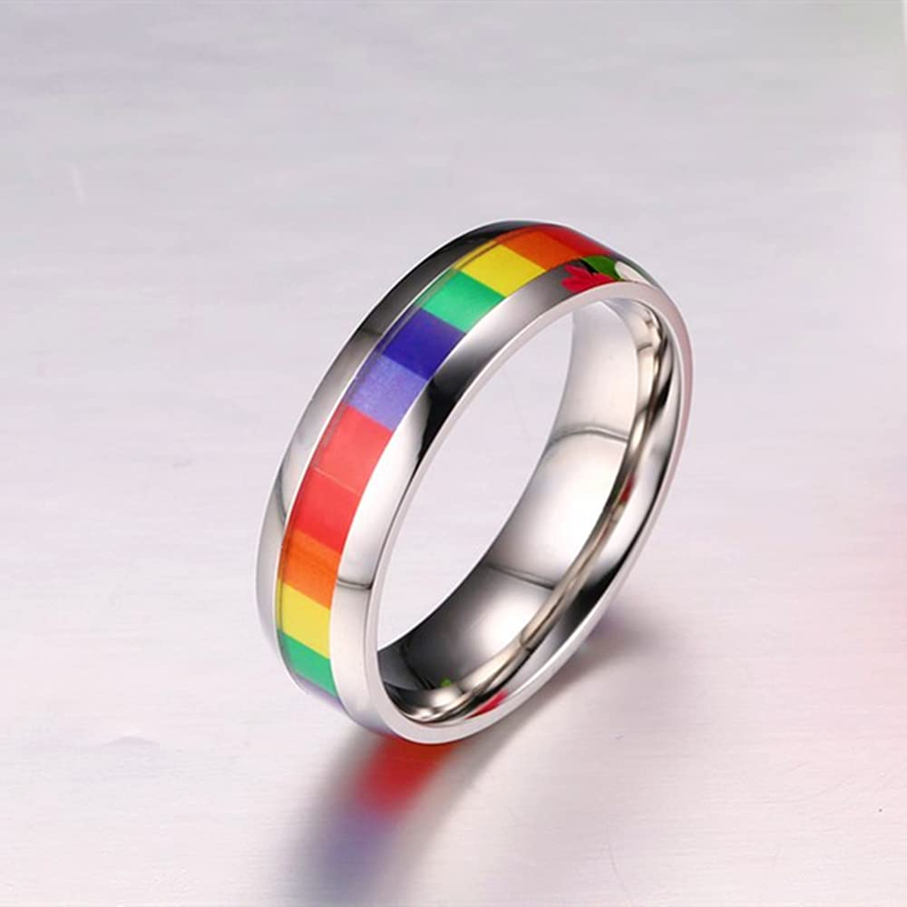 6mm Wide Square Rainbow LGBT Pride Band Rings Chuky Thick Black Enameled Stainless Steel Eternity Promise Statement Engagement Couple Rings Love is Love Finger Knuckle Rings Boyfriend Girlfriend Christmas Valentines Gifts (Silver, 8)