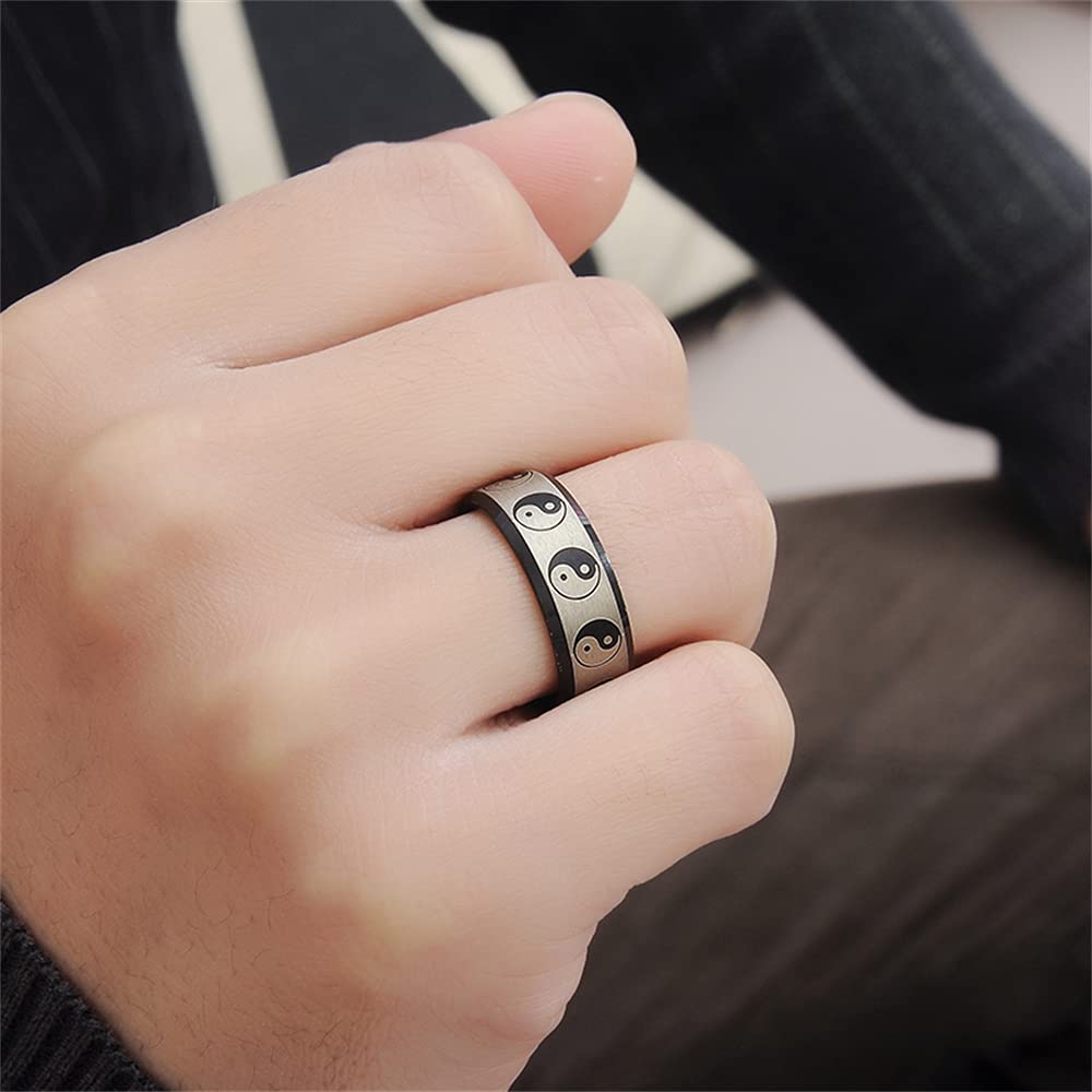 Yin Yang Tai Chi Chunky Thick Stainless Steel Band Rings for Women Men Personalized Faith Statement Iternity Couple Rings Black Enameled Chinese Taoist Nine Syllable Mantra Ring Matted Finshed Dad Boyfriend Christmas New Year Birthday (6)