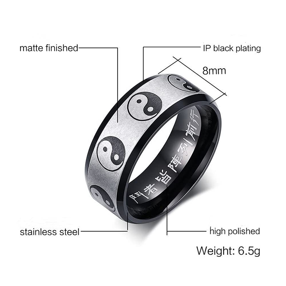 Yin Yang Tai Chi Chunky Thick Stainless Steel Band Rings for Women Men Personalized Faith Statement Iternity Couple Rings Black Enameled Chinese Taoist Nine Syllable Mantra Ring Matted Finshed Dad Boyfriend Christmas New Year Birthday (6)