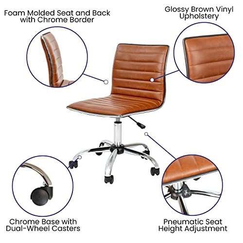 Flash Furniture Alan Office Task Chair - Brown Vinyl - Chrome Frame - Armless - Ribbed Back and Seat - Low Back Design