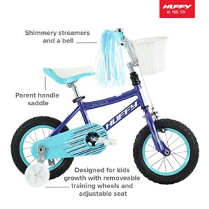 huffy zazzle 12” girl’s bike with basket and streamers, bell, training wheels, purple