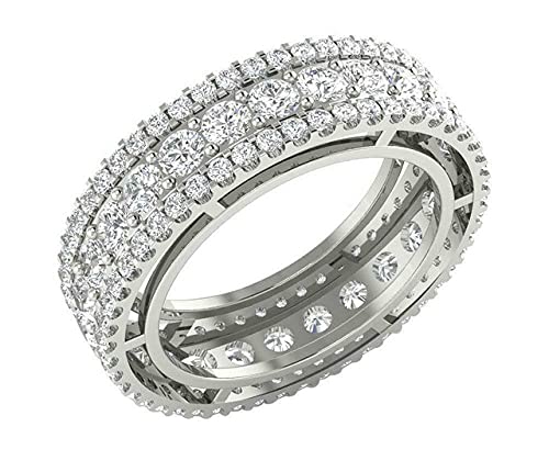 3 1/2 CT Round Shape White Cubic Zirconia Stones Three Row Wedding Engagement Anniversary Womens Band Ring in 14K White Gold Plated 925 Sterling Silver (3.50 Cttw) Ring Size - 9.5