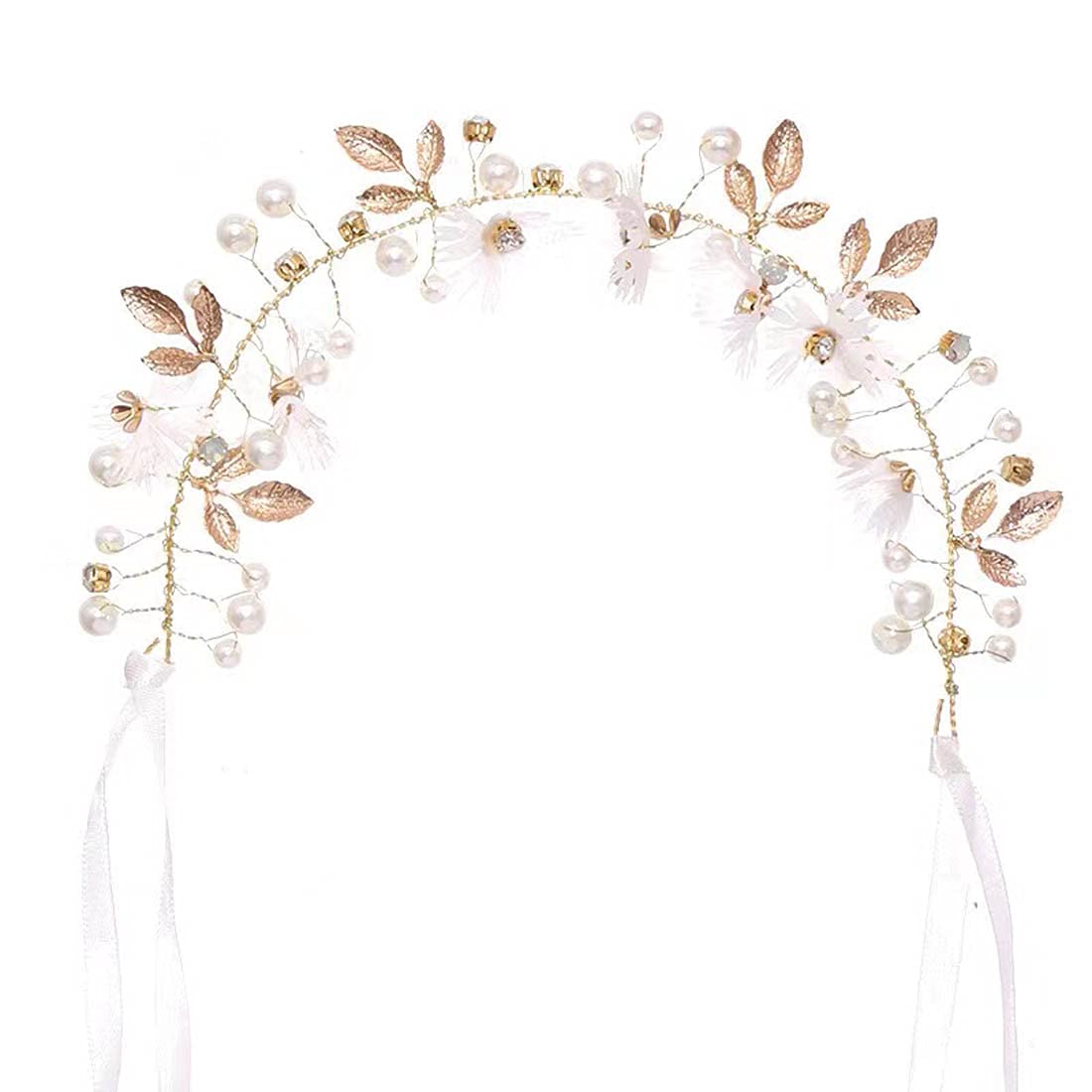 Bridal Hair Vines Crystal Pearls Flower Wedding Hair Accessories Evening Party Tiara Headpiece for Bridesmaid and Flower Girls (Gold)