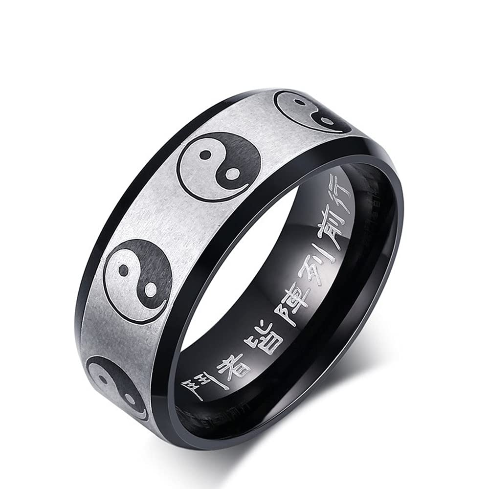 Yin Yang Tai Chi Chunky Thick Stainless Steel Band Rings for Women Men Personalized Faith Statement Iternity Couple Rings Black Enameled Chinese Taoist Nine Syllable Mantra Ring Matted Finshed Dad Boyfriend Christmas New Year Birthday (6)