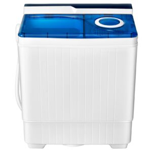 costway portable washing machine, twin tub 26 lbs capacity, 18 lbs washer and 8 lbs spinner, compact washer with control knobs, timer function, drain pump, laundry washer for apartment rv, blue