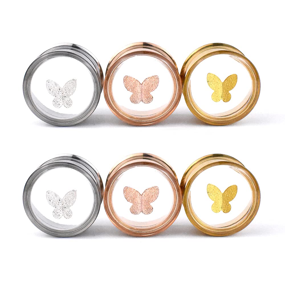 Jboyanpei 6Pcs/3pair Cute Butterfly Ear Gauges Plugs Stretching Kit Tunnels Stainless Steel Screw on Double Flared Expander Size 10mm