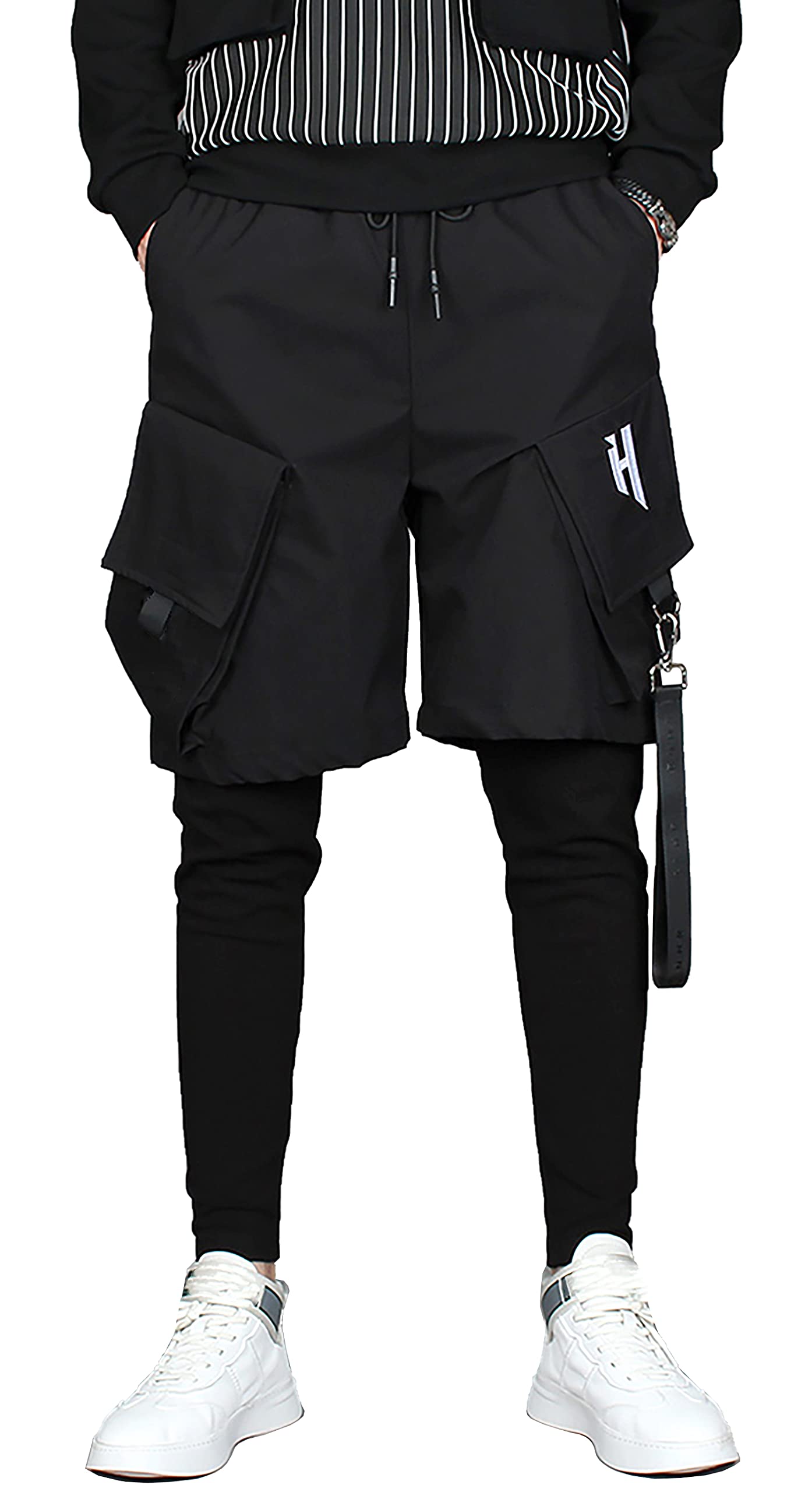 Yonititeee Mens Multi Pockets with Straps Cargo Techwear Joggering Pants Black Waist 34-35 Inches