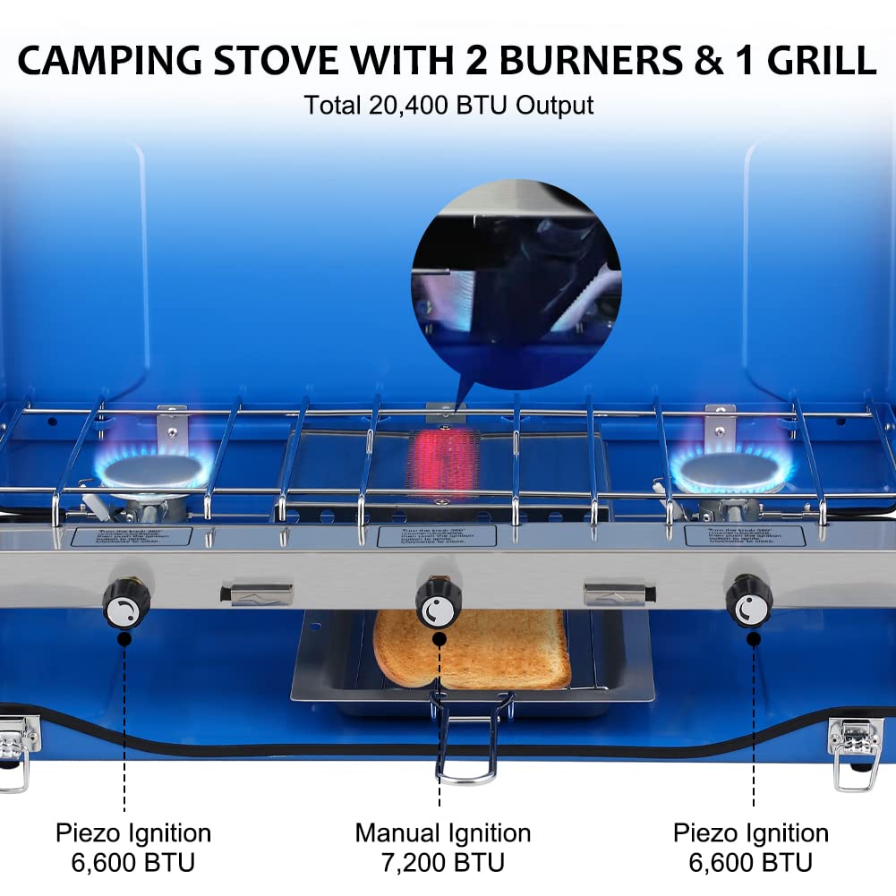 Camplux Camping Stove 20,400 BTU, 1 Grill & 2 Burners Propane Stove for Outdoor Cooking