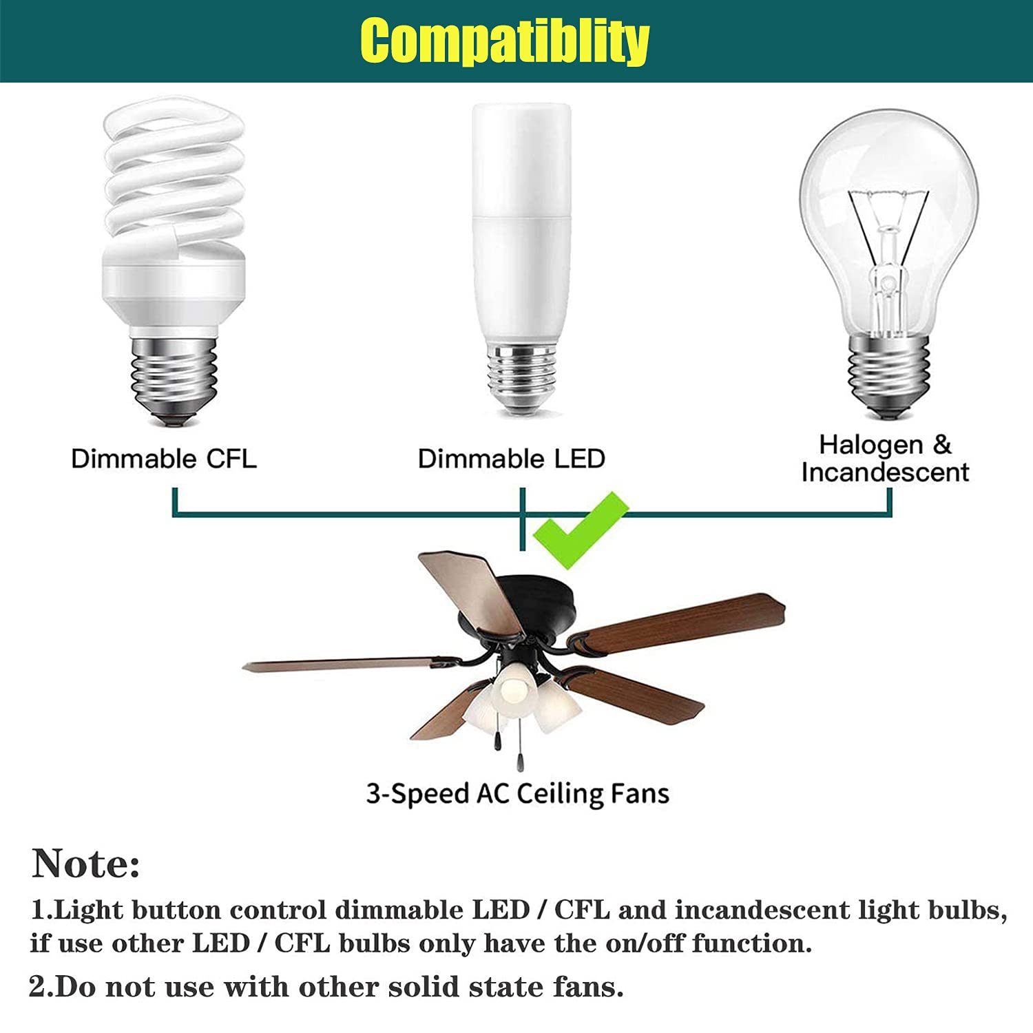 Universal Ceiling Fan Remote Control and Receiver Kit, Replacement of Hunter, Hampton Bay, Harbor Breeze, 3-Speed, Light Dimmer, Replace for Fan-HD, UC7078T, HD5, CHQ7078T