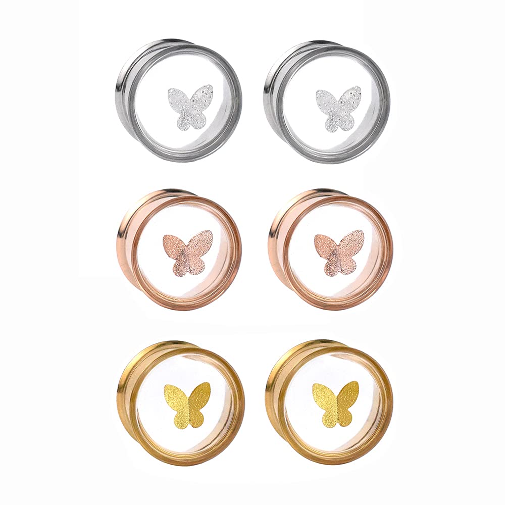 Jboyanpei 6Pcs/3pair Cute Butterfly Ear Gauges Plugs Stretching Kit Tunnels Stainless Steel Screw on Double Flared Expander Size 10mm