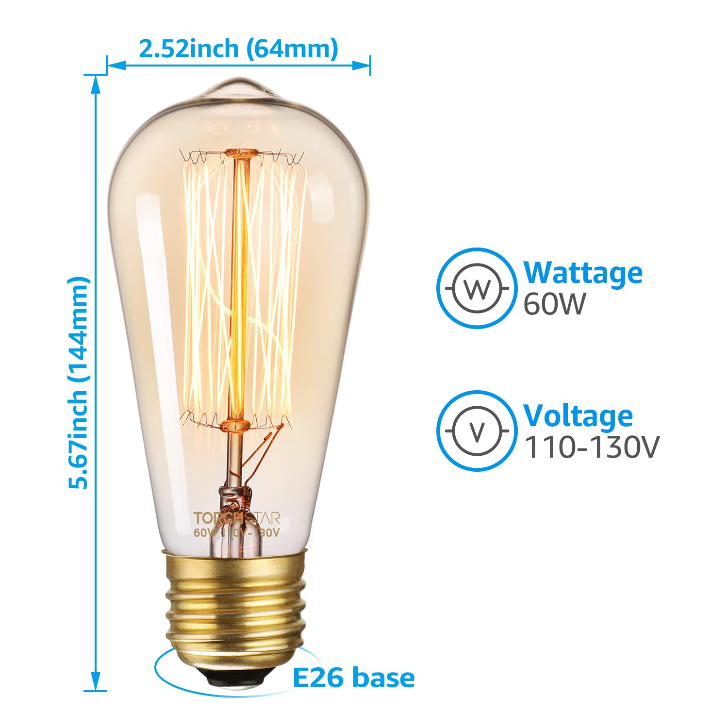 TORCHSTAR Vintage Edison Light Bulbs 60W, ST64 Edison Bulb Dimmable, Antique Squirrel Cage Bulbs, E26 Base, 2200K Amber Warm, Vintage Light Bulb for Pendant Light, No Flicker, Amber Glass, Pack of 6