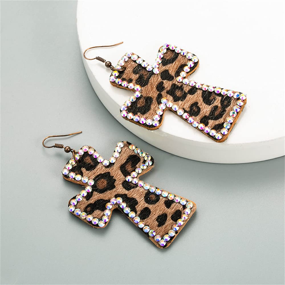 Vintage Leather Cross Dangle Earrings for Women Leopard Print AB Crystal Statement Drop Dangling Hook Stud Earring Boho Lightweight Exaggerated Jewelry