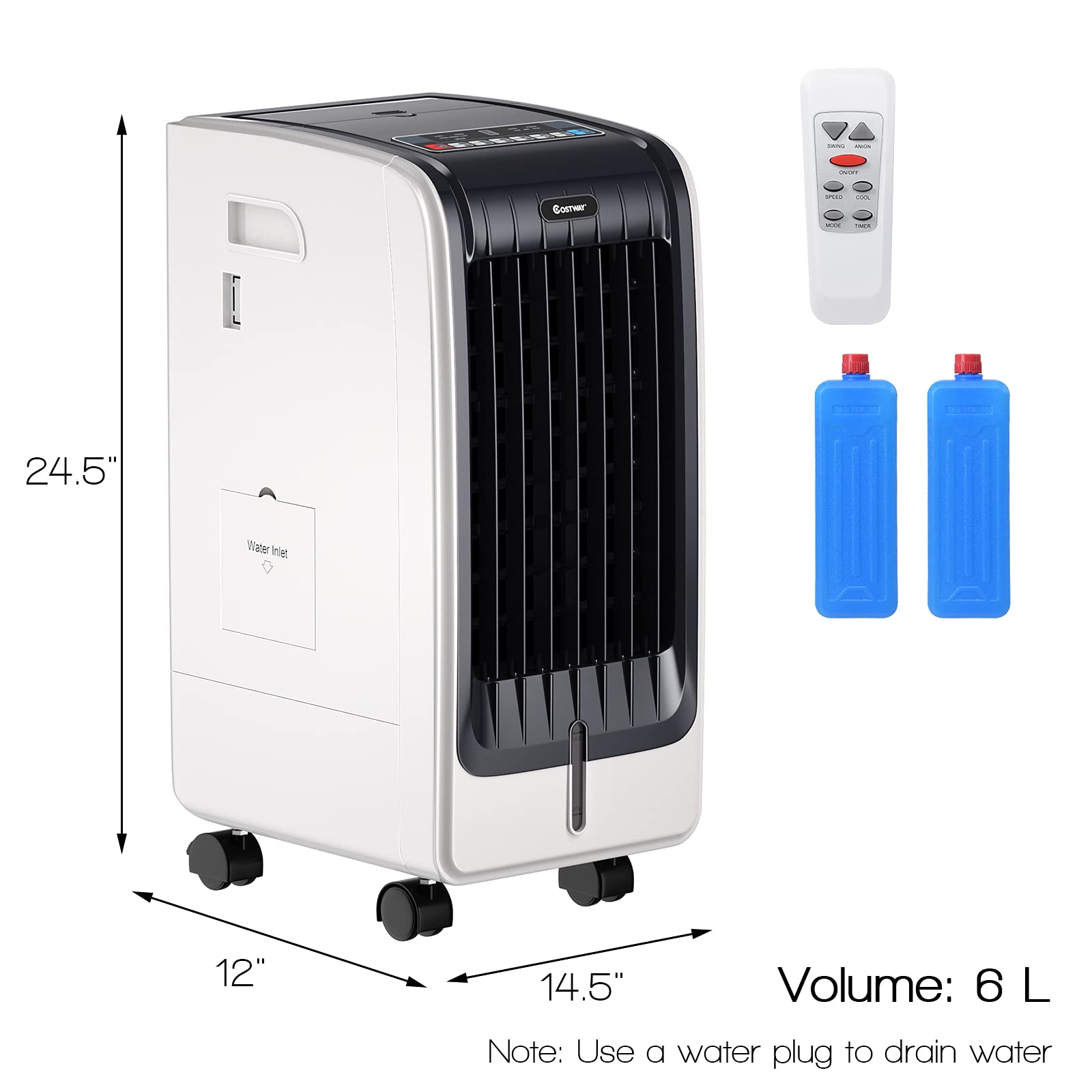 COSTWAY Portable Evaporative Air Cooler for Room, Include Remote Control, 2 Ice Packs, Portable Bladeless Fan with 3 Modes, 3 Speeds, 8H Timer, LED Display, Air Cooler for Indoor Use, Bedroom (White)