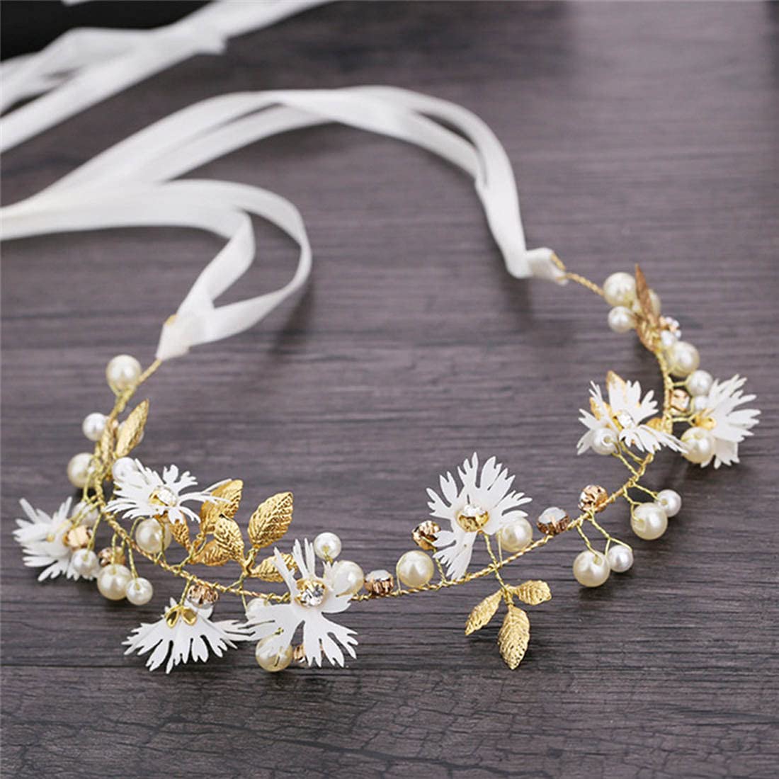 Bridal Hair Vines Crystal Pearls Flower Wedding Hair Accessories Evening Party Tiara Headpiece for Bridesmaid and Flower Girls (Gold)