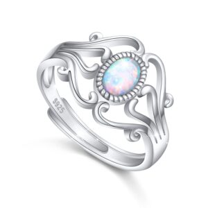 FLYOW Adjustable White Created Opal Rings for Women 925 Sterling Silver Victorian Style Rope Ring Christmas Gifts Classical Magic Mirror Rings Size 9