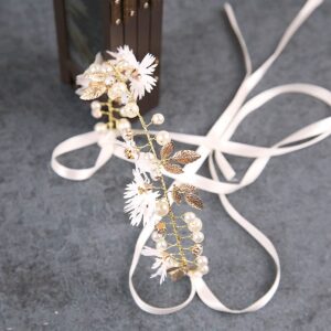 Bridal Hair Vines Crystal Pearls Flower Wedding Hair Accessories Evening Party Tiara Headpiece for Bridesmaid and Flower Girls (Gold)