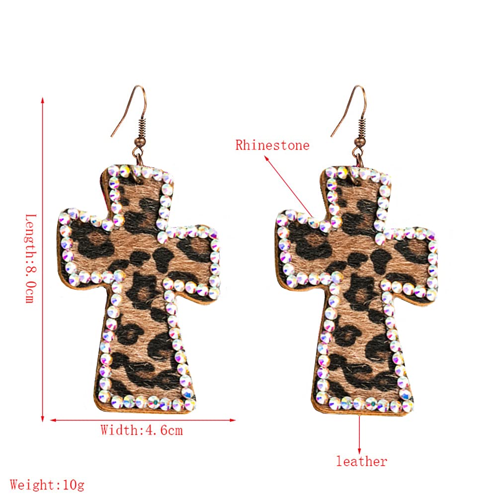 Vintage Leather Cross Dangle Earrings for Women Leopard Print AB Crystal Statement Drop Dangling Hook Stud Earring Boho Lightweight Exaggerated Jewelry