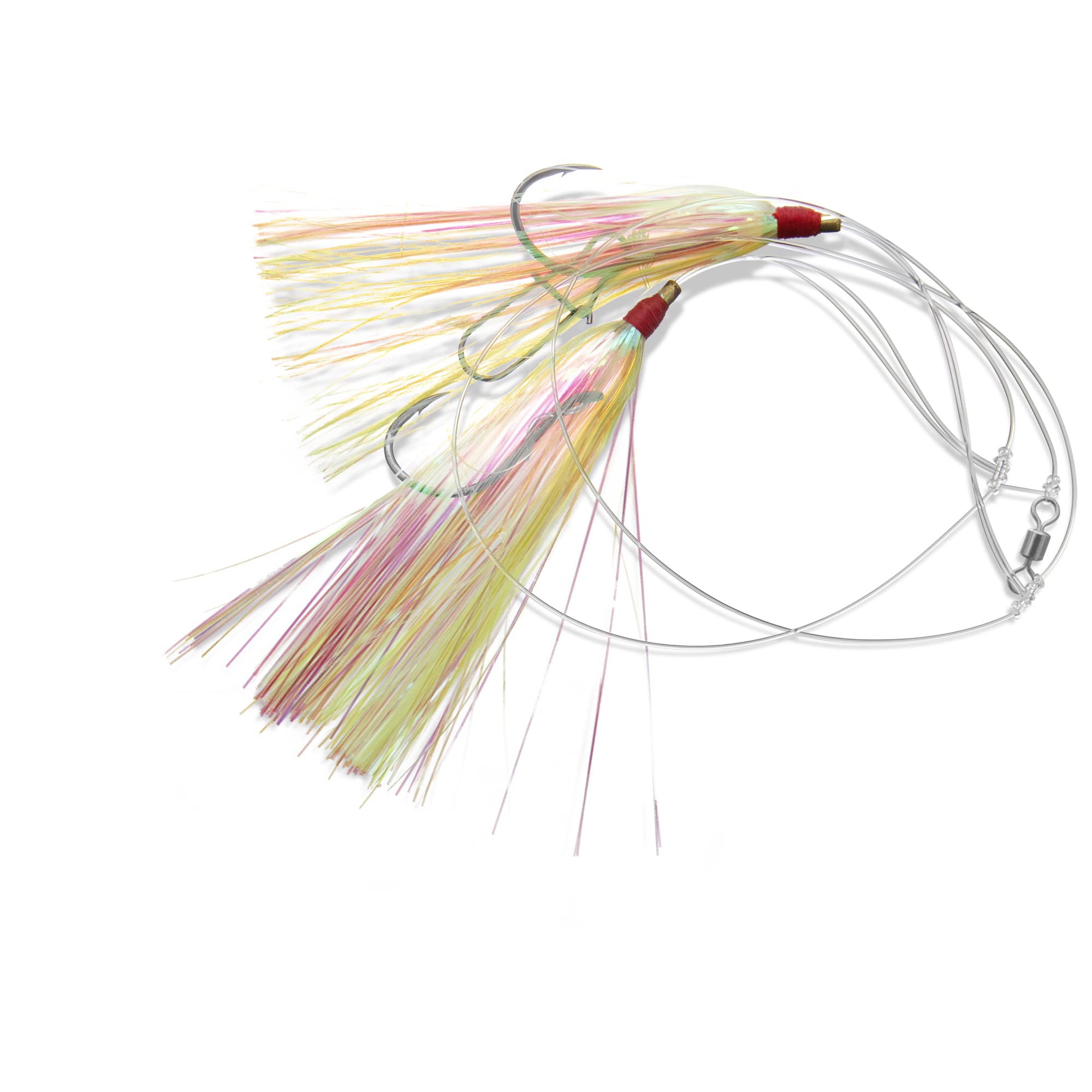 Uncle Mo’s Tackle - 12 Pack Fluke Flounder Killer Hi-Lo Rig – Multicolor Mylar Teaser for Saltwater – BKK Black Size 3/0 Octopus Hook -30lb Heavy Duty Mono 2ft Long-Black Duo-Lock Snaps