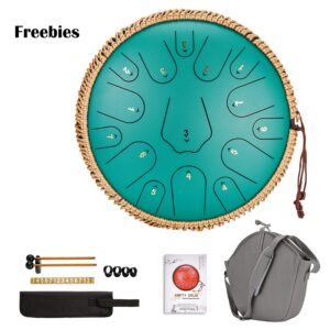 Steel Tongue Drum- ChunFeng 14 Inches 15 Note,Tongue Drum Instrument-Steel Drums For Adults-Hand Pan Drums With Music Book,Handpan Tongue Drum Mallets and Carry Bag,C Major(Green)