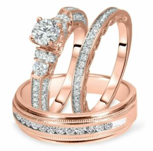 palaksh jewelry round cut white diamond in 925 sterling silver 14k rose gold over diamond bridal engagement trio ring set for him & her