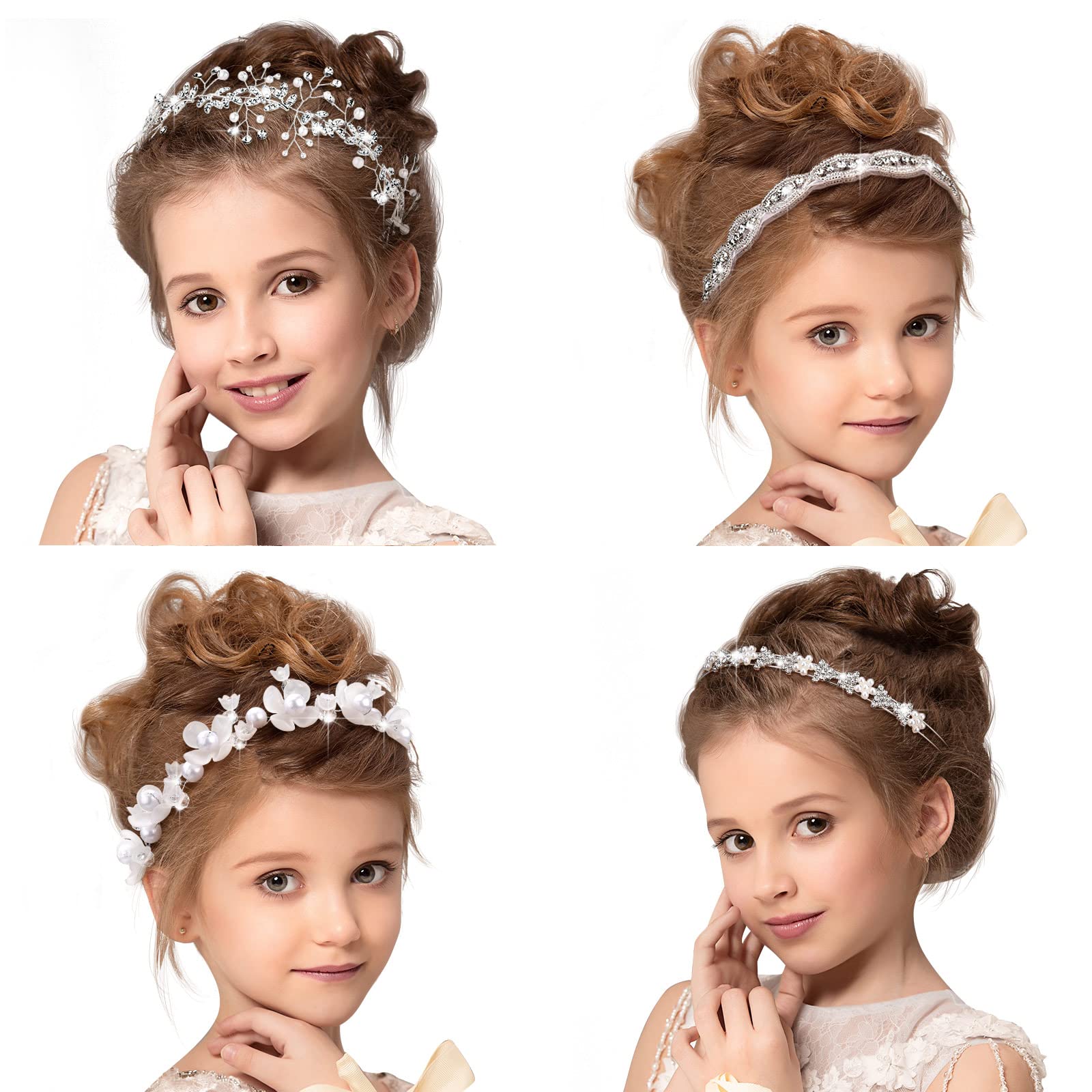 4 Pcs Bridal Flower Girl Headpieces - White Princess Wedding Headbands with Pearls, Rhinestones for Women, Girls Photography (Romantic Style)