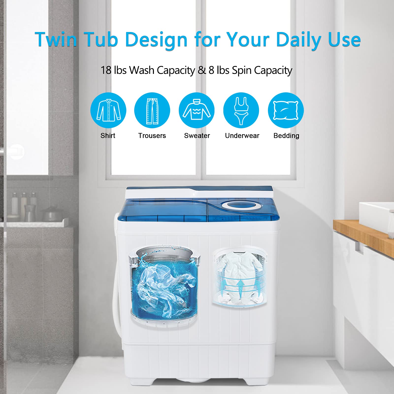 COSTWAY Portable Washing Machine, Twin Tub 26 Lbs Capacity, 18 Lbs Washer and 8 Lbs Spinner, Compact Washer with Control Knobs, Timer Function, Drain Pump, Laundry washer for Apartment RV, Blue