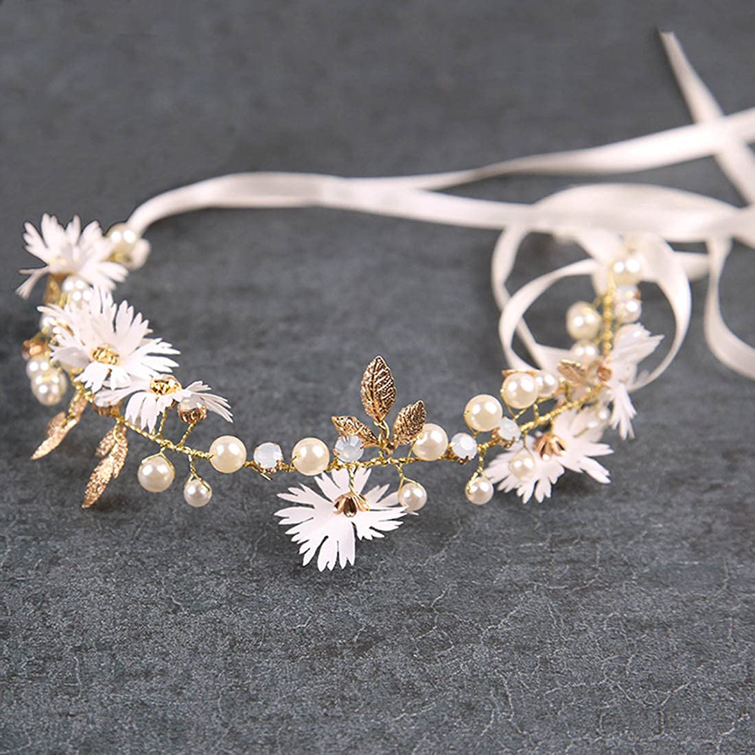 Bridal Hair Vines Crystal Pearls Flower Wedding Hair Accessories Evening Party Tiara Headpiece for Bridesmaid and Flower Girls (Gold)