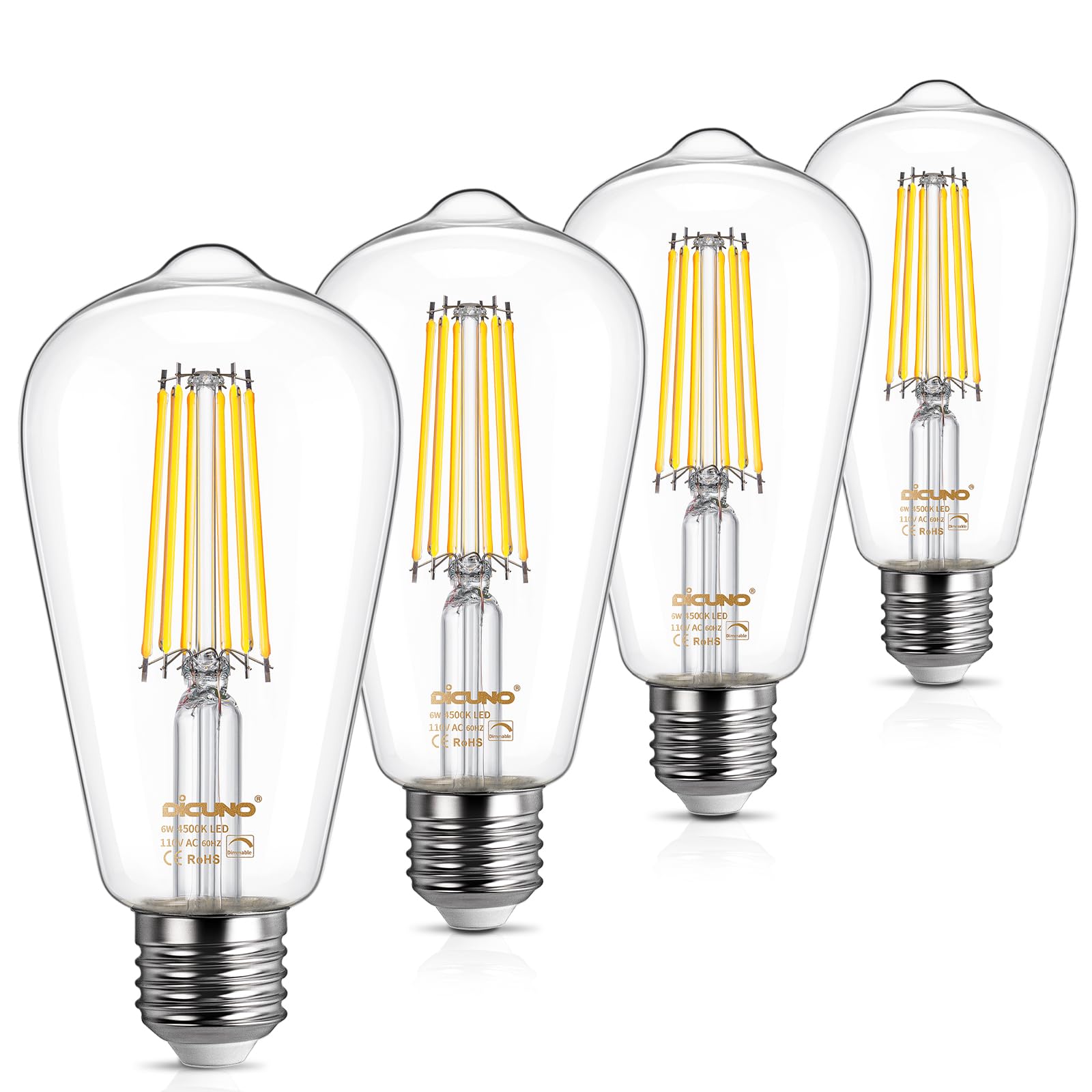 DiCUNO LED Edison Bulb 60 Watt Equivalent, Daylight White 4500K, Dimmable Edison Bulbs ST64, Antique LED Filament Bulb for Kitchen Lighting, 800 LM, Clear Glass, Pack of 4