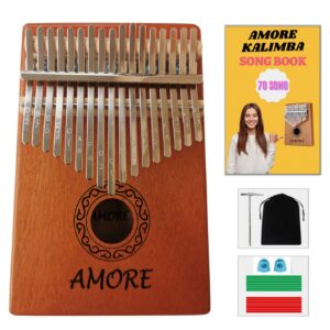 amore kalimba 17 keys thumb piano small musical instrument christmas gift for kids 70 song book tabs portable mbira finger piano and adults beginners all in one kit