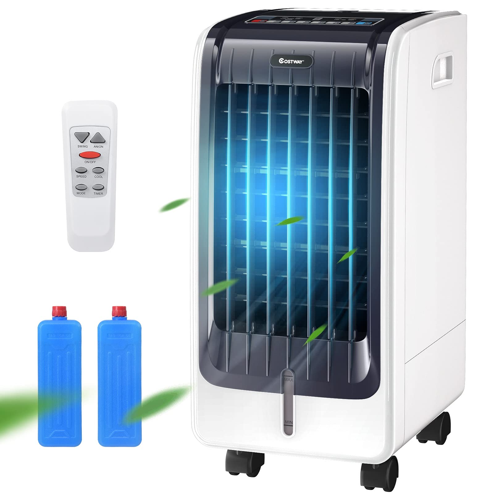 COSTWAY Portable Evaporative Air Cooler for Room, Include Remote Control, 2 Ice Packs, Portable Bladeless Fan with 3 Modes, 3 Speeds, 8H Timer, LED Display, Air Cooler for Indoor Use, Bedroom (White)