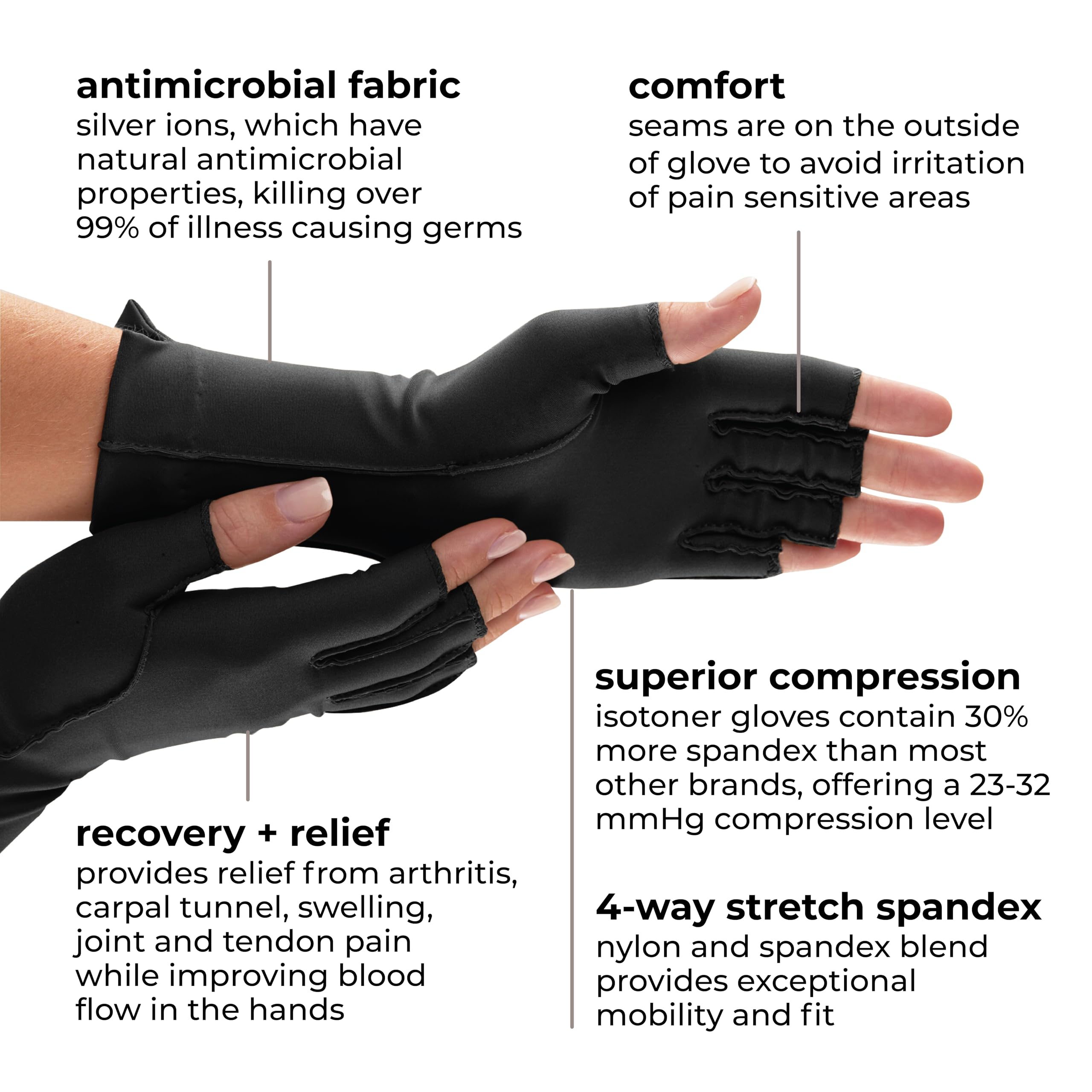 isotoner unisex adult One Pair of Open Finger arthritis gloves, Black, Large US