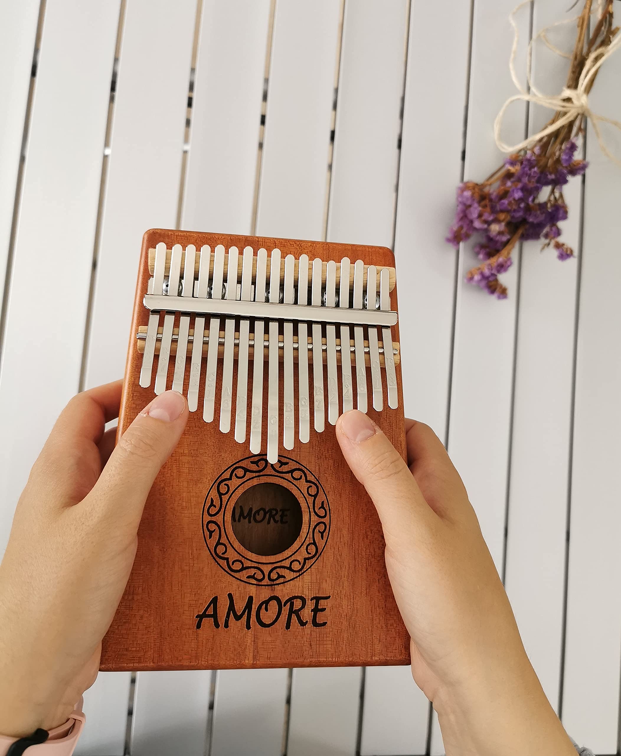 AMORE Kalimba 17 Keys Thumb Piano Small Musical Instrument Christmas Gift for Kids 70 Song Book Tabs Portable Mbira Finger Piano and Adults Beginners All in One Kit