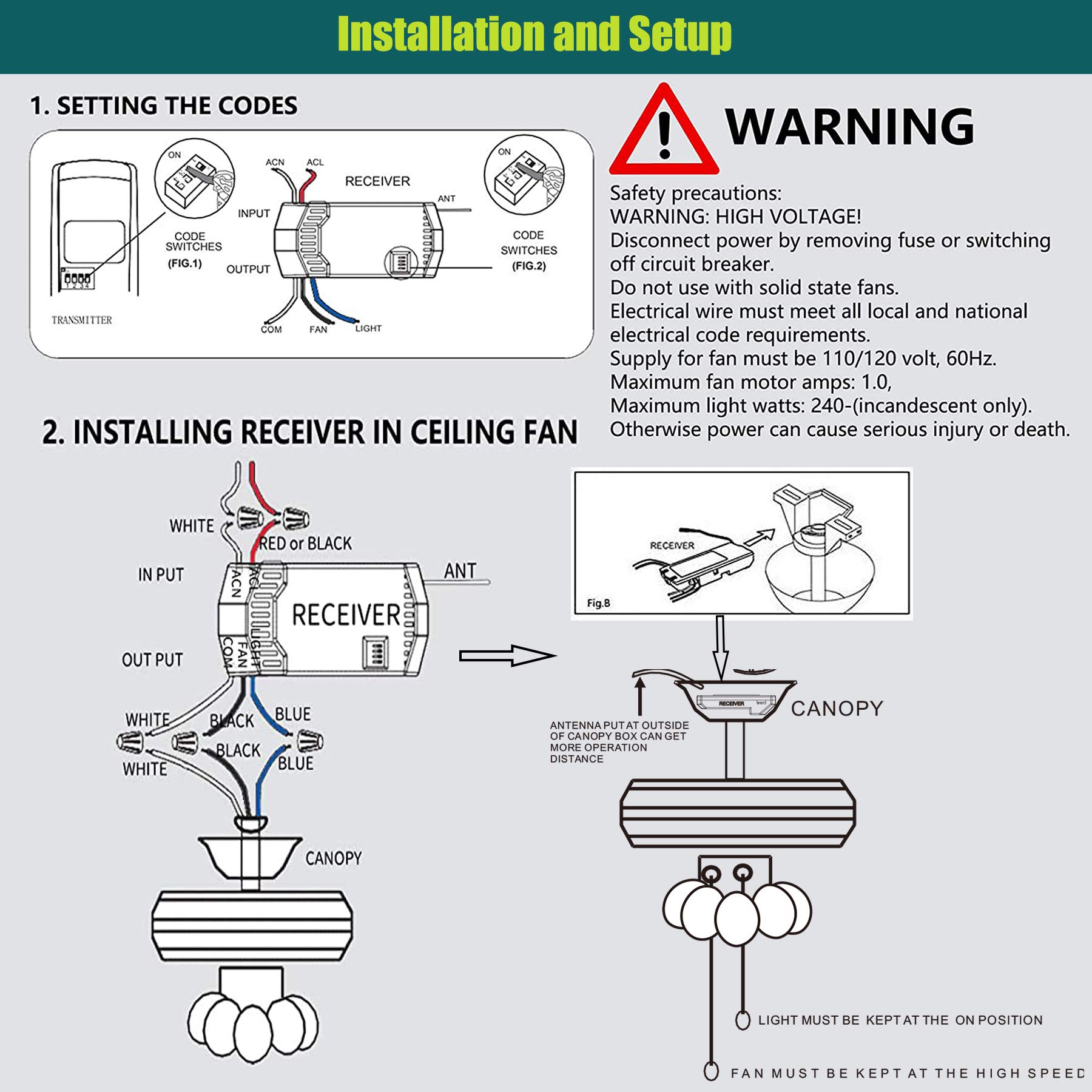 Universal Ceiling Fan Remote Control and Receiver Kit, Replacement of Hunter, Hampton Bay, Harbor Breeze, 3-Speed, Light Dimmer, Replace for Fan-HD, UC7078T, HD5, CHQ7078T