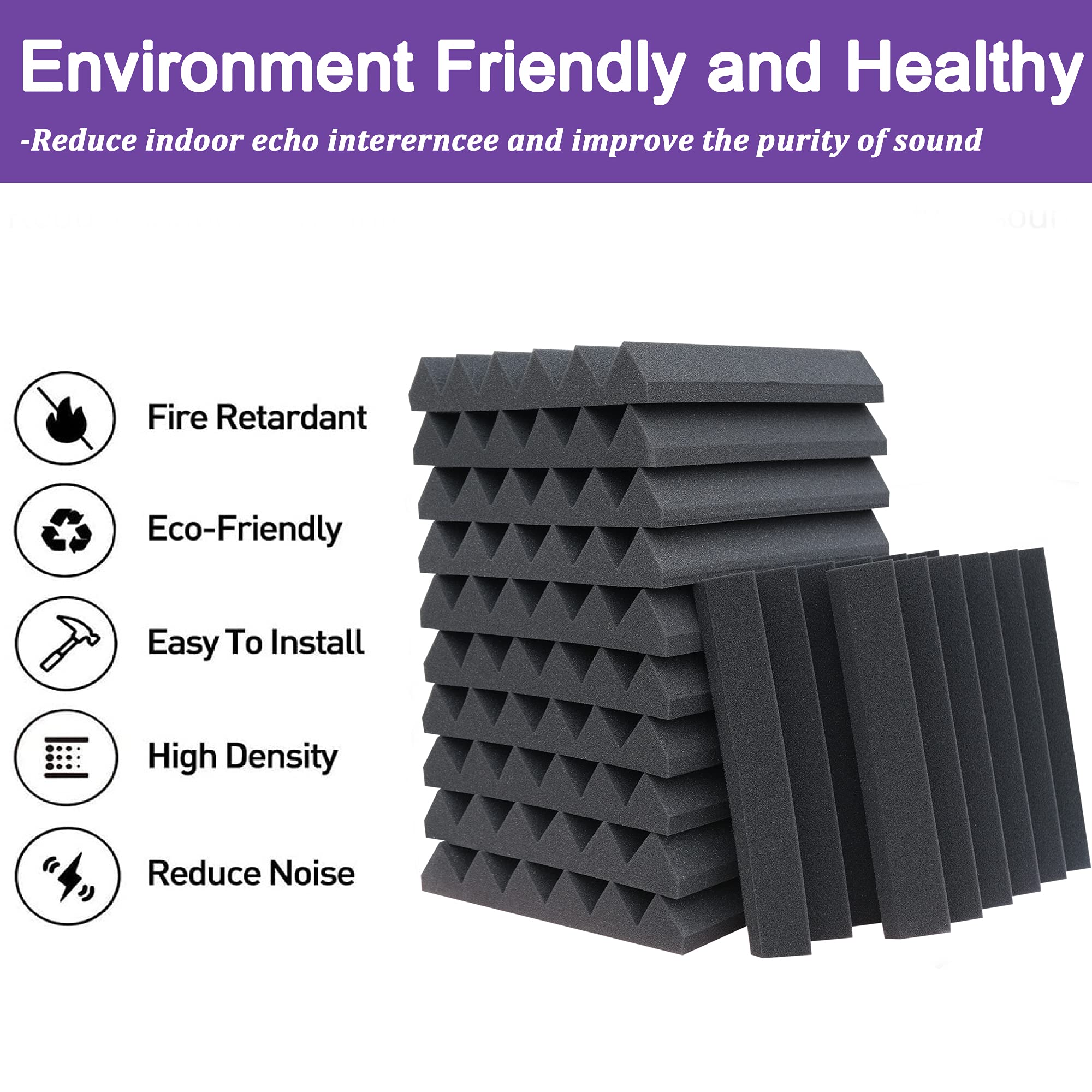 KTOESHEO 24 Pack Acoustic Panels,2" x 12" x 12"Sound Proof Foam Panels for Wall,Fireproof Absorbing Noise Cancelling Panels,to Absorb Noise and Eliminate Echoes. (12 purple+12 black)