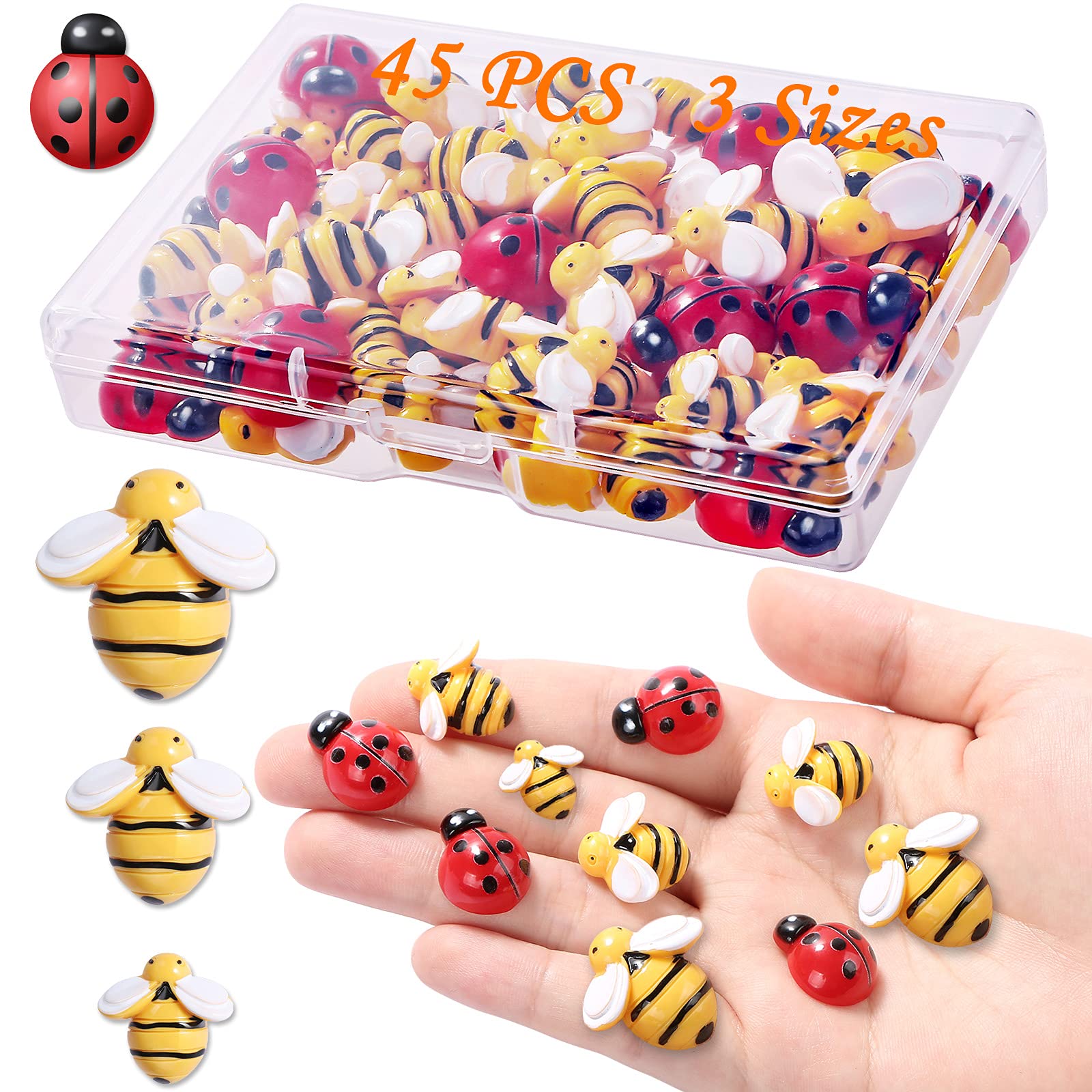 CCOZN 45 Pieces Tiny Resin Bees Ladybugs, 25 Pcs Resin Honey Bumblebees Embellishments 20 Pcs Garden Ladybugs Decors with Box Bee Decoration for DIY Crafts Wreath Scrapbooking, 0.75 Inch