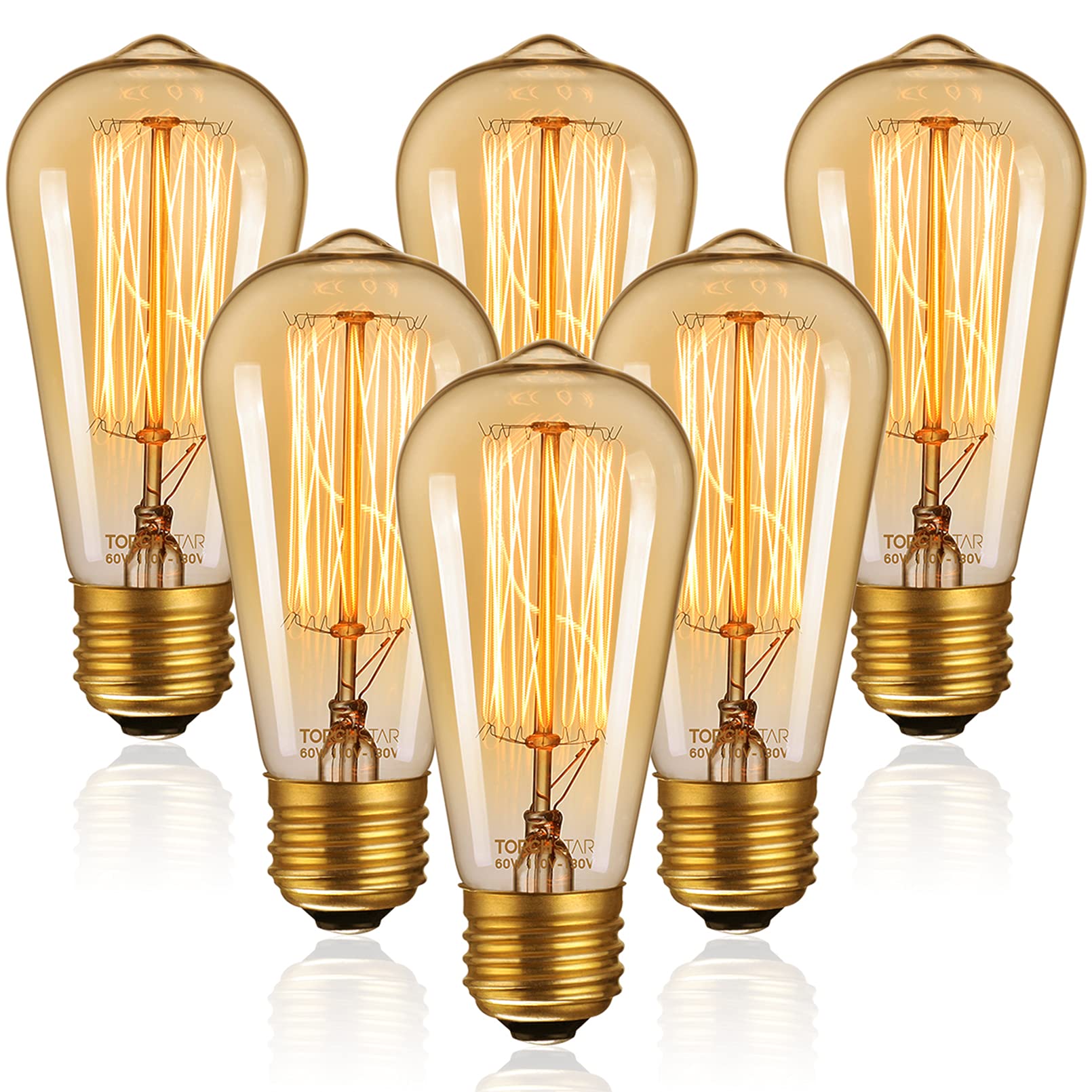 TORCHSTAR Vintage Edison Light Bulbs 60W, ST64 Edison Bulb Dimmable, Antique Squirrel Cage Bulbs, E26 Base, 2200K Amber Warm, Vintage Light Bulb for Pendant Light, No Flicker, Amber Glass, Pack of 6