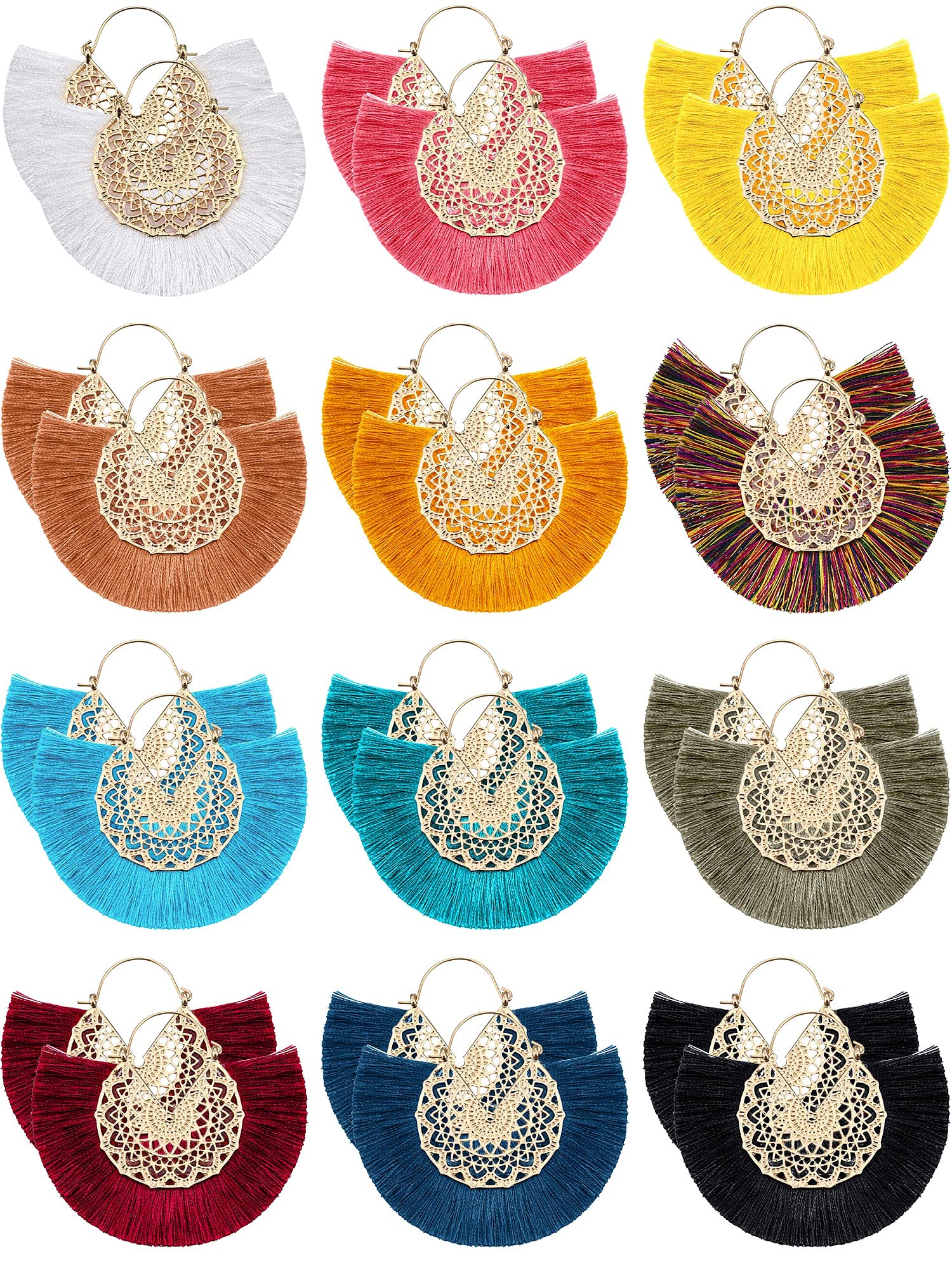 12 Pairs Statement Tassel Earrings Hoop Tassel Earrings Bohemian Geometric Handmade Earrings for Women(Stylish Style)