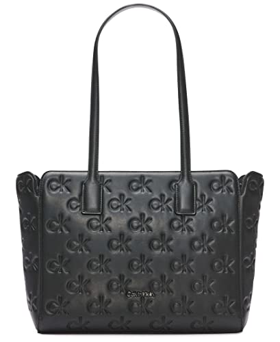 Calvin Klein Noa Top Zip Tote, Black/Gunmetal Twin Brick Embossed