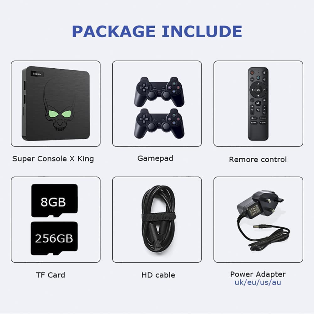 Kinhank Super Console X King Built-in 117,000+ Games, Mini Video Game Console Android 9.0/EmuELEC 4.5/CoreELEC 3 System in1, S922X Chip, Remote Control,2 Wireless Controller(256G)