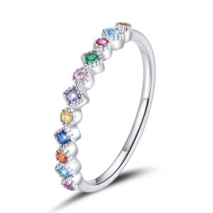 BISAER 925 Sterling Silver Rainbow Stackable Rings for Women Colorful Cubic Zirconia Stacking Eternity Band Ring Rainbow Jewelry Gifts Size 8