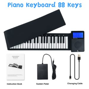 SURNUO Portable Roll Up 88 Keys Piano Keyboard with LCD Display, Digital Electric Hand Roll Piano Keyboard with 2000mAh Rechargeable Battery Christmas Gifts