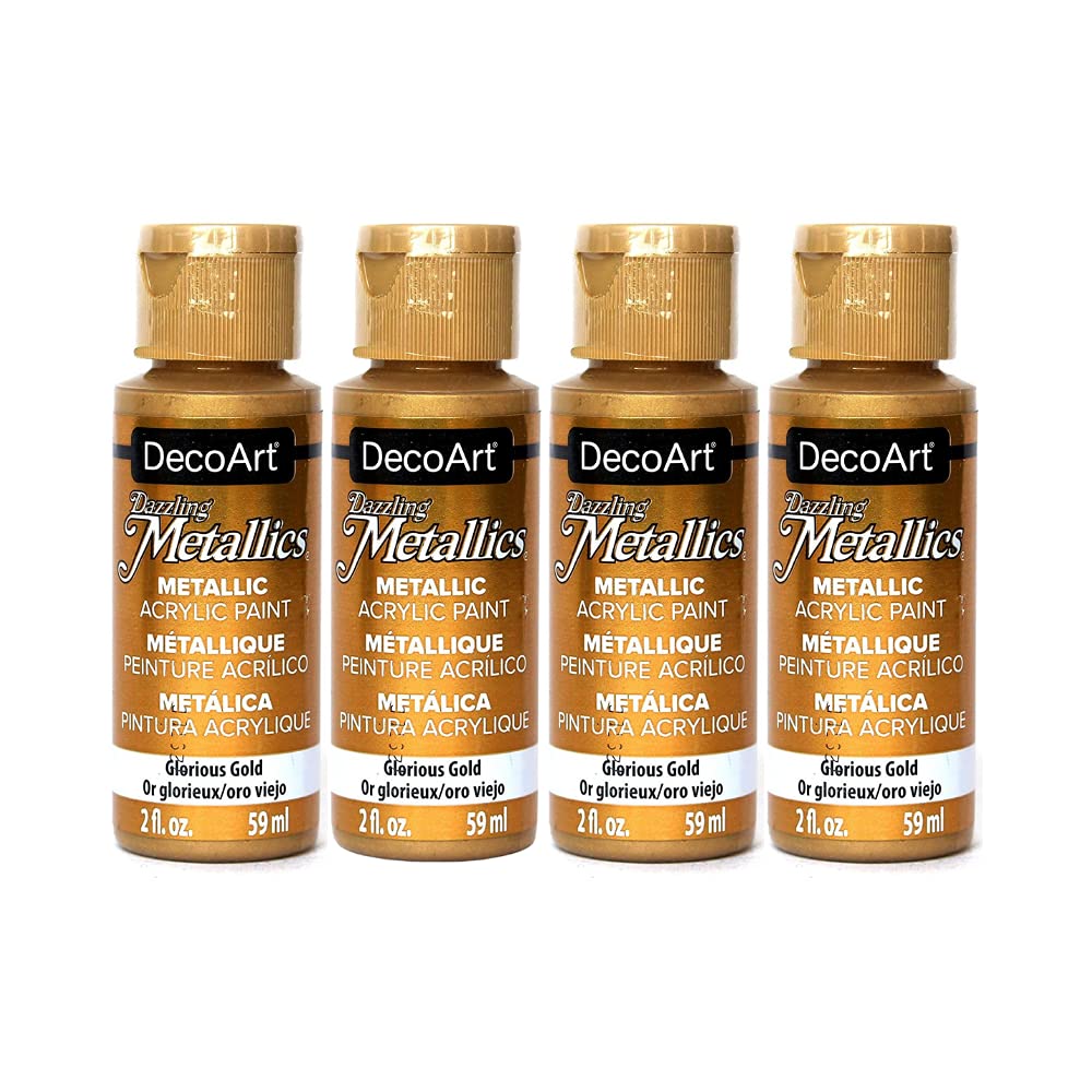 DecoArt Dazzling Metallics - 2 Ounce 4 Pack Glorious Gold Acrylic Paint Set Gold Metallic Acrylic Paint Art Supplies- Art Projects, Home Decor- E-book