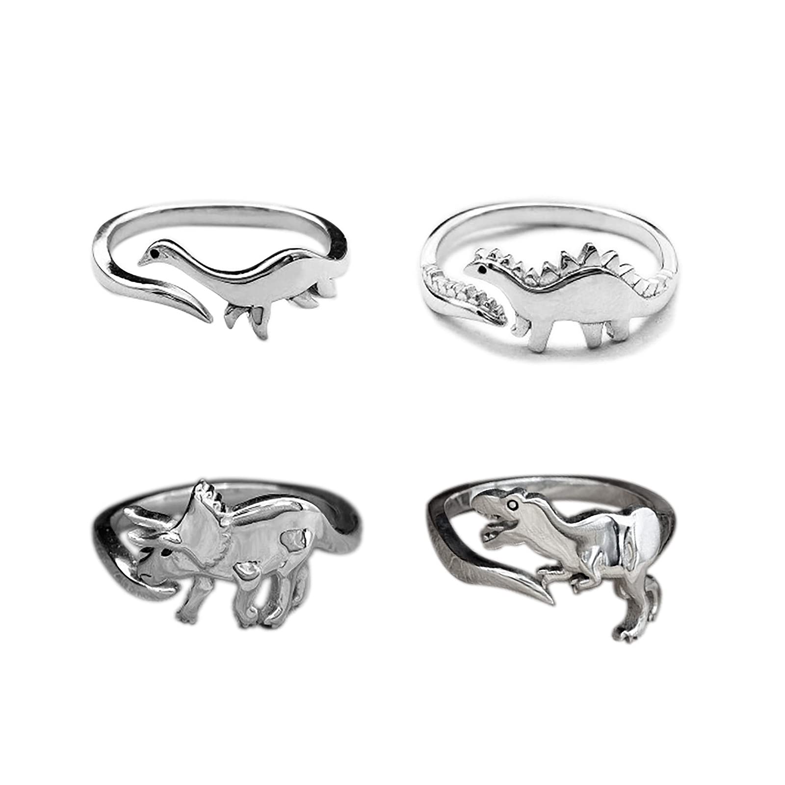 Caiyao 4Pcs Cute Dinosaur Tyrannosaurus Triceratops Ring Set 14K Silver Plated Lovely Opening Adjustable Polished Animal Ring for Women Men Jurassic Bar Era Dinosaur Jewelry Gift-A 4pcs