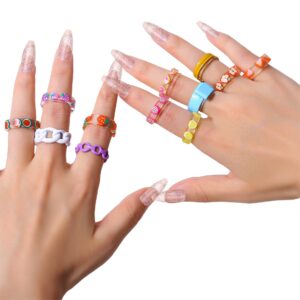 HUIOWSR SWERTY Resin Rings Acrylic Cute Rings Set, Colorful Rings Knuckle Transparent Stacking Rings Aesthetic Funny Fruit Plastic Rings Stackable Chunky Ring for Girls Gift