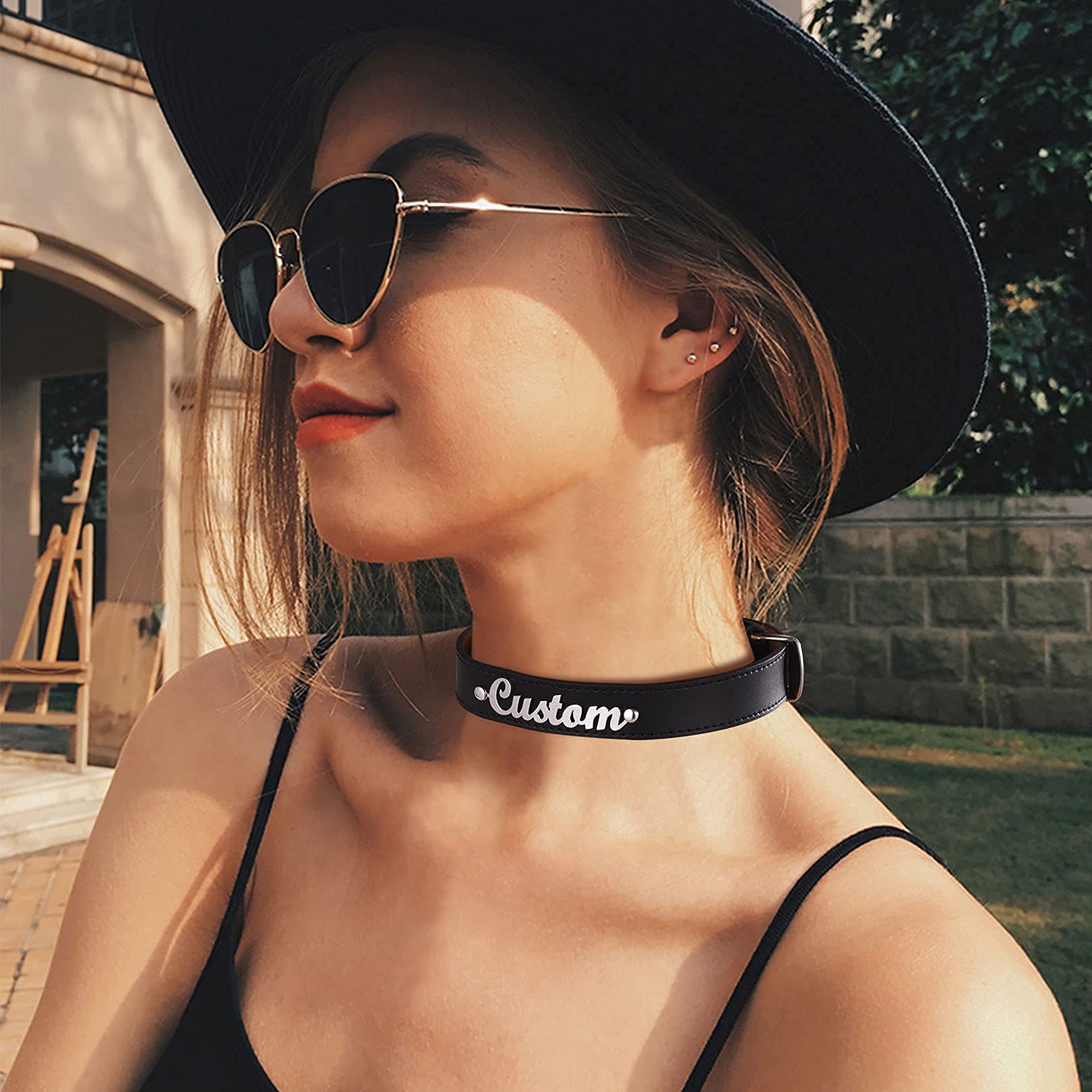 FOCALOOK Customized Thick Choker DIY Platinum Plated Initials Personalized 19MM Wide Chunky Black Leather Collar with Custom Names Women Costume Jewelry 15-17 Inch Adjustable